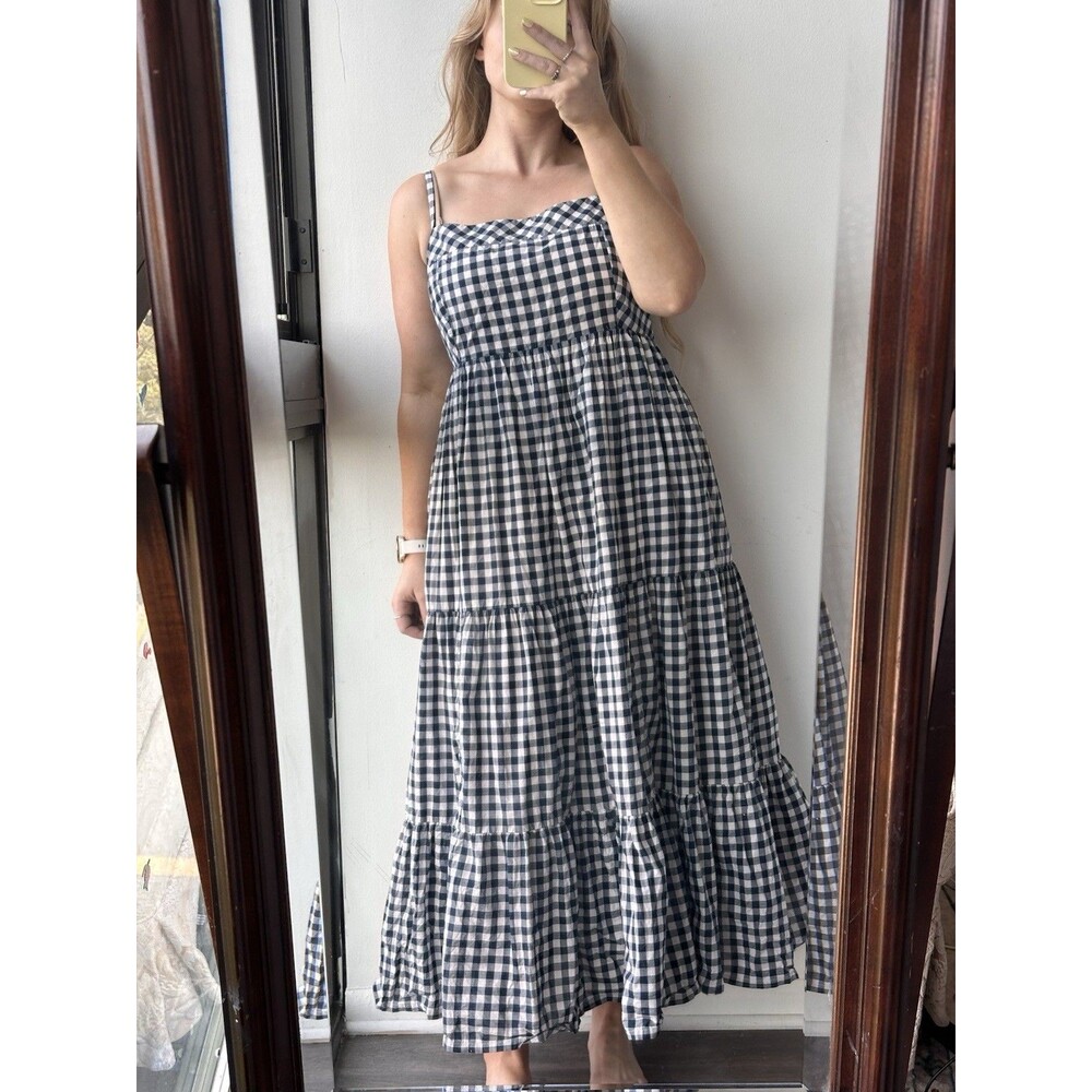 100% cotton tiered maxi dress in navy and white gingham